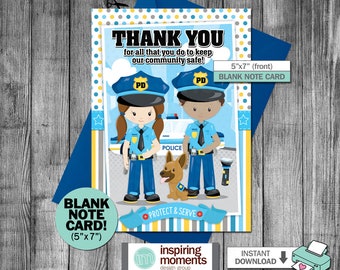 May include: Thank you card with a blue, yellow and grey colour scheme. The card features a cartoon illustration of two police officers, a police dog and a police car. The text on the card reads "Thank you for all that you do to keep our community safe!" and "Protect & Serve". The card is 5 inches by 7 inches.