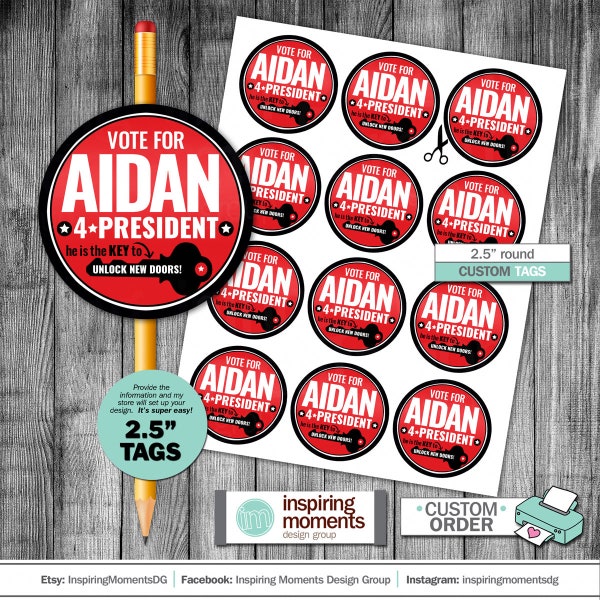 School Elections Key To New Doors Unlocked Tags, Key To Win 3x3 Vote, Election, Student Government, Printable Favor Tags, Pencil Tags, Class