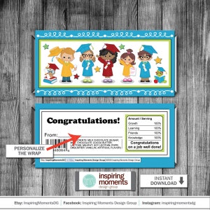 May include: A printable chocolate bar wrapper design featuring a blue and green background with a cartoon illustration of children wearing graduation caps and holding diplomas. The text "Congratulations!" is printed in large, bold letters. The wrapper also includes a nutrition facts label with the text "Amount / Serving" and a list of nutrients with percentages. The text "Congratulations on a job well done!" is printed at the bottom of the wrapper.