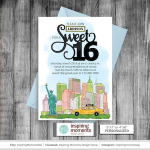 Sweet Sixteen Invitation, New York City, Sweet Sixteen New York Invitation, Birthday, Bat Mitzvah, 5x7, Invite, Customized NYC