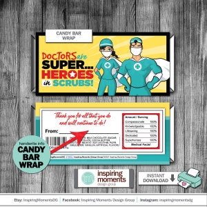 Doctors Are Superheroes With Capes Thank You Candy Bar Wrap, Healthcare Frontline Warrior, Hospital, Instant Download Hershey Bar Wrapper