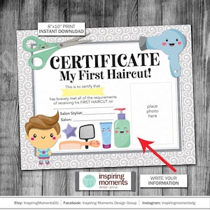 First Haircut Certificate, Beauty Salon, Sign, Print, Boy, My First Haircut, Little Man, Gray, Scissors, Barber Shop, 8x10, Instant Download