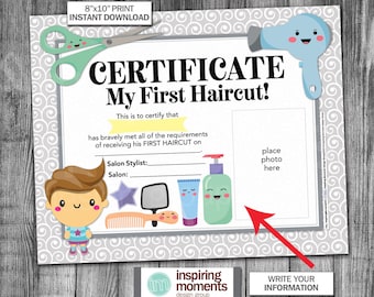 First Haircut Certificate, Beauty Salon, Sign, Print, Boy, My First Haircut, Little Man, Gray, Scissors, Barber Shop, 8x10, Instant Download