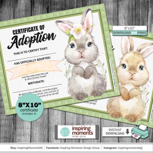 May include: Printable 8x10 inch certificate of adoption with a watercolor illustration of a bunny wearing a flower crown. The text reads "Certificate of Adoption" and "This is to certify that... has officially adopted... and has welcomed this pet to their furever home!"