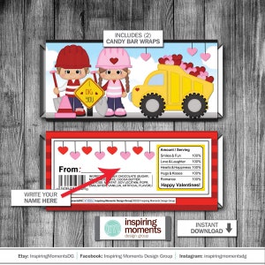 May include: Two printable candy bar wrappers featuring a cartoon couple in construction worker outfits. The girl is holding a shovel and the boy is holding a cone. The wrappers include the text "Dig You" and "Happy Valentines!"