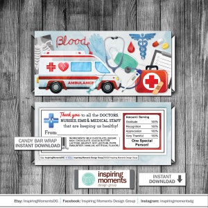 Medizinische Dankeschön Candy Bar Wrap, Krankenschwester, Arzt, Krankenhaus, Krankenwagen, EMS Ersthelfer, Geschenk, Sofort Download Hershey Bar Wrapper