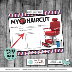 First Haircut Certificate, Sign, Print, Boy, Salon, Barber Shop, My First Haircut, Include A Photo, Hair Clipping, 8x10 Instant Download DIY