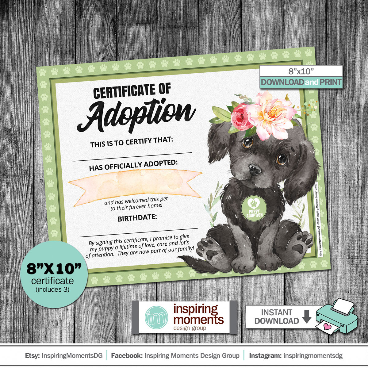 Pet Adoption Certificate, Dog Labrador Puppy Adoption, Pet Shop, Pet Rescue Group, Pet Shelter, Pets Print, Instant Download DIY, 8x10