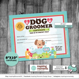 Dog Grooming First Haircut Certificate, Groomer, Pet Shop, Store, Mobile Pet Spa, First Puppy Groom, Print, Marketing, 8x10 Instant Download