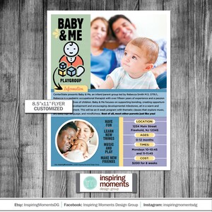 Ulotka dla grupy zabaw Baby And Me, potrzeby specjalne, mała firma, przedszkole, edukacja terapeutyczna, PTA, projekt, materiały marketingowe, 8,5 x 11