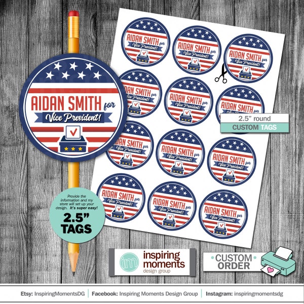 School Elections 2.5" Round Tags, Circle Tags, Vote, Election, Student Government, Printable, Personalized, Favor Tags, Pencil Tags, Class