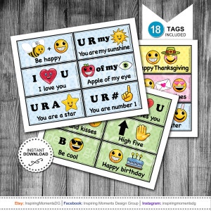 INSTANT DOWNLOAD | Printable Kids Lunch Tags | Kindergarten | Pre-School | Emoji | Lunch Box Fun | Lunch Notes | Perfect For The Non Reader