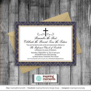 Church Anniversary Invitation, Religious Invitation, Baptism Invitation, Holy Communion Invitation, Cross, Navy And Gold, Celebration