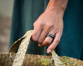 Blackwood Wooden Slim band Ring with Silver or Copper inlay