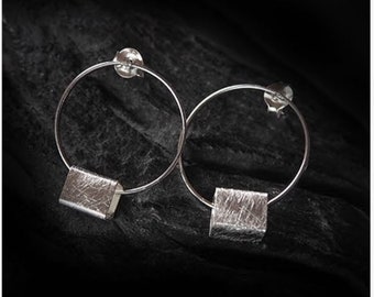 Brushed sterling silver circle cube drop earrings