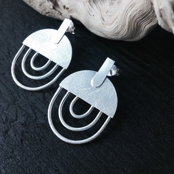 Brushed silver Mid century modern  Rainbow moon Earring