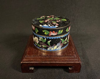 Green Cloisonn\u00e9 jewelry Trinket box with Cherry Blossom hand painted