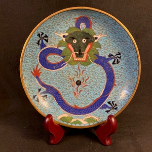 Antique Chinese Cloisonné Dragon Dish 6.6"