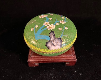 七宝焼 小物入れ 瑠璃色 花柄 蓋付き アクセサリーボックス 中国製 Jingfa 七宝焼きボックス、花柄の小物入れ、ミッドセンチュリー