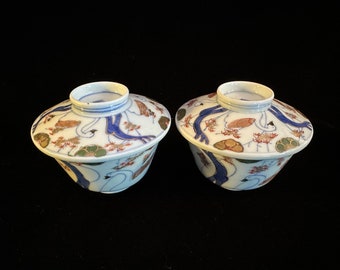 Japanese Hand Painted Porcelain Soup Bowls and Lids Set of Two