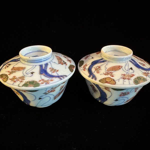 Japanese Hand Painted Porcelain Soup Bowls and Lids Set of Two