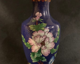 Chinese Cloisonné Blue Vase with Peonies and Bird 8"