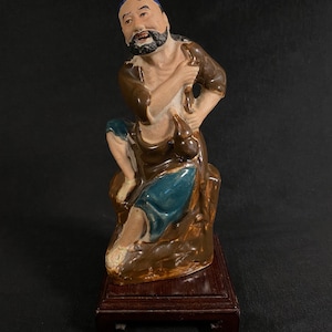 Antique Chinese Figurine Man with Cane and Double Gourd