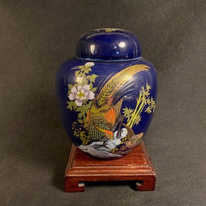 Japanese Porcelain Blue Ginger Jar Bird And Flowers