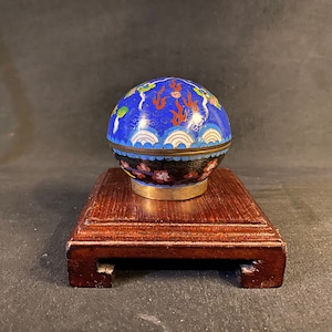 Chinese Cloisonne Round Blue and Black Box with Imperial Dragons