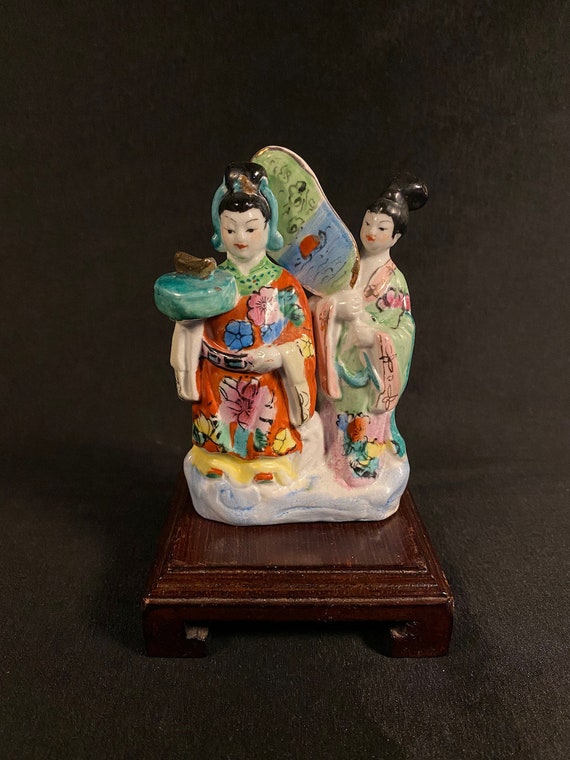 Chinese Porcelain Figurine Woman with Attendant Holding Fan
