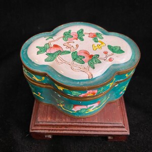 Chinese Canton Enamel Box With Flowers Bats and Peaches