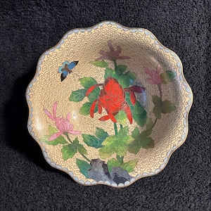 Vintage Chinese Cloisonné Bowl with Peonies and Butterfly