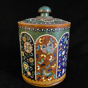 Meiji Period Japanese Cloisonné Round Jar Humidor with Phoenix and Butterflies