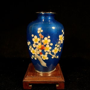 Fine Japanese Cloisonné Blue Vase with Flowering Plums