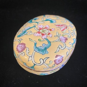 Chinese Canton Enamel Box Yellow With Flowers