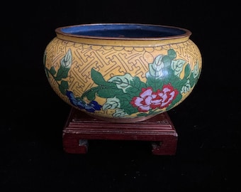 Antique Chinese Cloisonné Yellow Bowl with Flowers