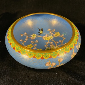 Vintage Chinese Cloisonné Brush Washer Bowl With Flowering Plums