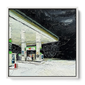 May include: A painting of a petrol station at night. The petrol station is white with green accents and has a black canopy. The pumps are visible and there is a red fire extinguisher in the foreground.