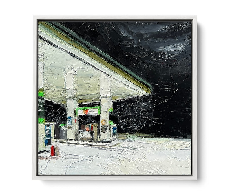 May include: A painting of a petrol station at night. The petrol station is white with green accents and has a black canopy. The pumps are visible and there is a red fire extinguisher in the foreground.