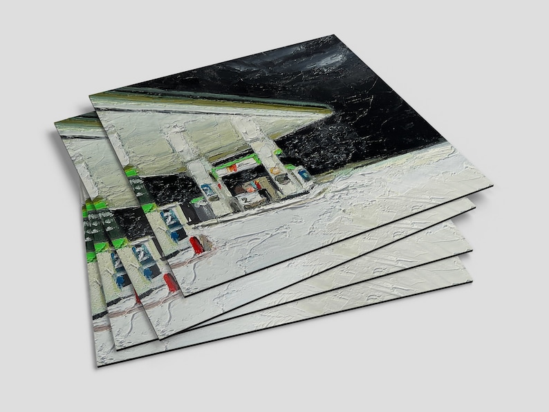 May include: A stack of five white canvases with a painting of a petrol station at night. The painting is done in a realistic style with a focus on the details of the petrol station.