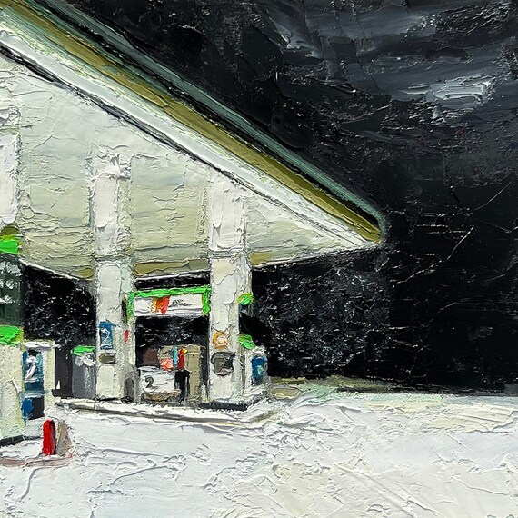 Gas Station Night Art Print | Palette Knife Oil Painting on Photo Rag Paper