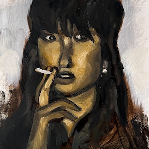 Impressionist Woman Oil Painting: Sepia Smoker Portrait, 6x6 Wood Panel