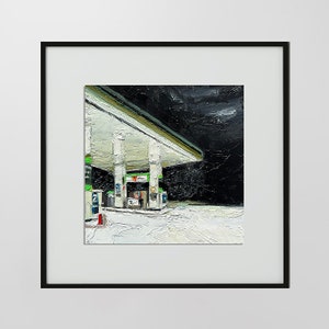 May include: A painting depicting a petrol station at night. The petrol station is white with green accents and has a canopy over the pumps. The sky is dark and cloudy.