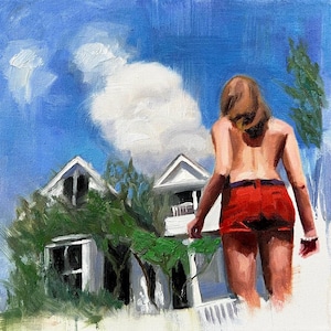 May include: A painting of a person with long hair wearing red shorts standing in front of a white house with green vines. The sky is blue with white clouds.