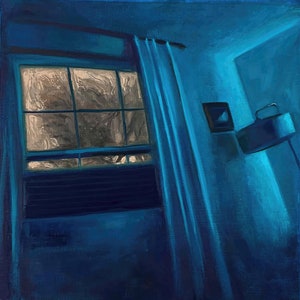 Pittura interna nostalgica della camera da letto di notte. Pittura a olio originale su carta dell'artista Evan Wilson / Pittura a olio scura e lunatica INCORNICIATA