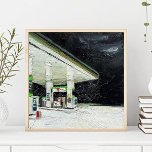 May include: A painting depicting a petrol station at night. The petrol station is painted in a realistic style with a focus on the texture of the paint. The petrol station is lit by a single light, which casts long shadows on the ground. The sky is dark and cloudy.