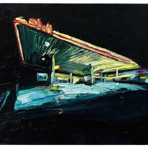 Stampa artistica astratta al neon nera di una stazione di servizio di notte / Carta fotografica Rag / 8" x 8" Opera originale di Evan Wilson