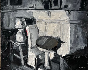 The Seating Arrangement | Original Oil Painting on Wood on Interior Room at Night | Textured Impasto Oil Painting | Evan Wilson