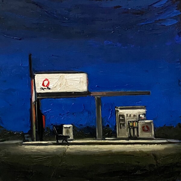 Original Painting of Gas Station at Night Nocturne Painting Alla Prima Palette Knife Art