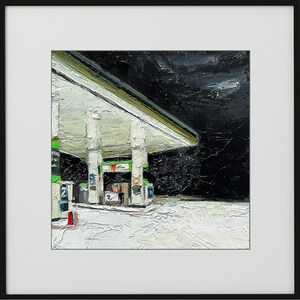 May include: A painting of a petrol station at night, with a white canopy and green accents. The petrol station is empty, with snow on the ground.